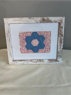 Framed Floral Vintage Quilt Patch Art - Blue & Pink